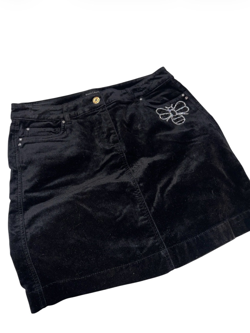 White House Black Market Black Velvet Mini Skirt with Rhinestone Bee